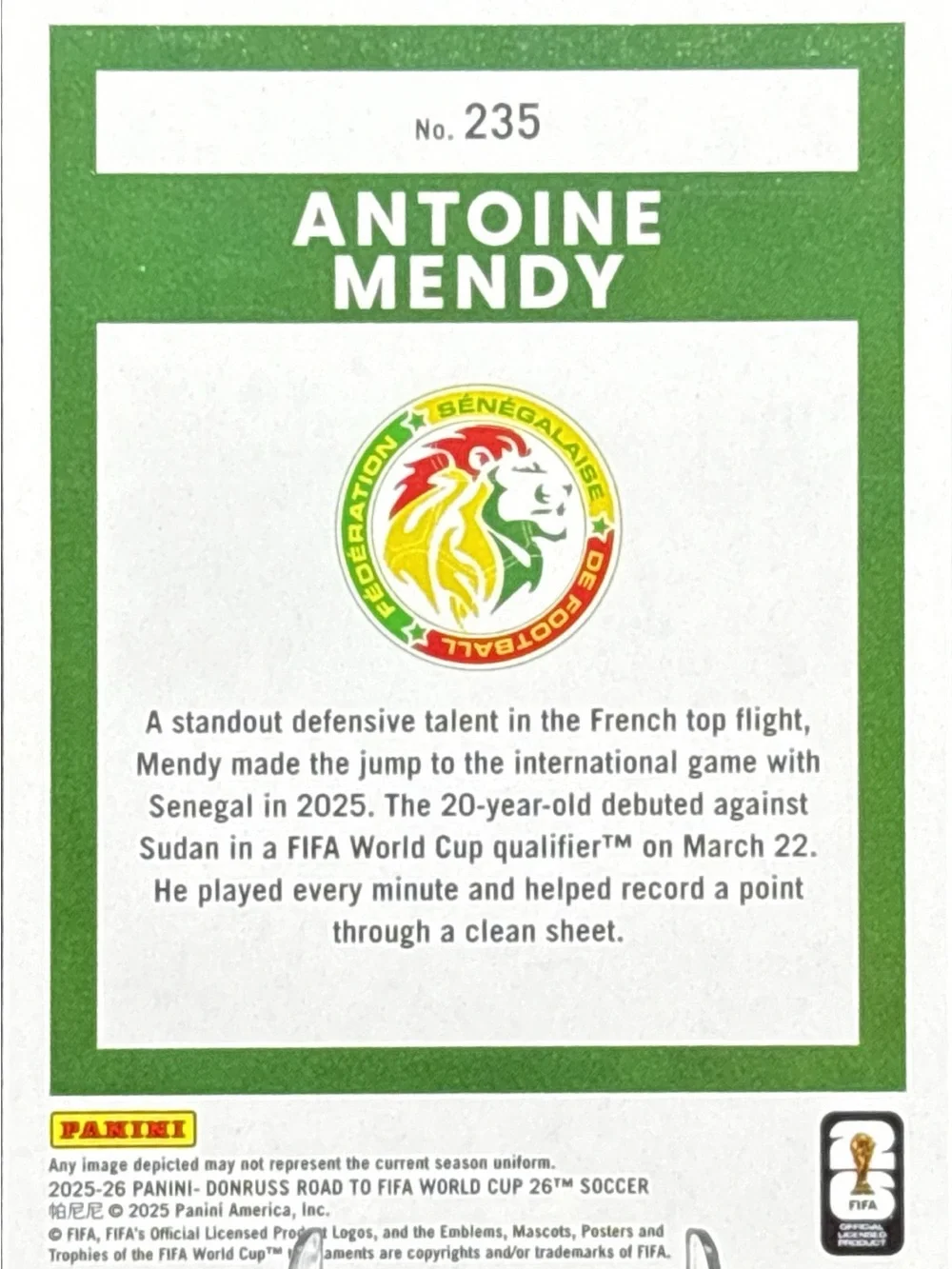 Panini Donruss Antoine Mendy Holographic Rookie Soccer Trading Card